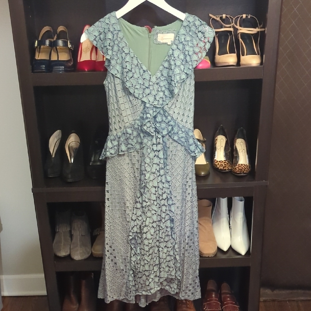 Anthropologie Antoinette Teal Ruffled Midi Dress